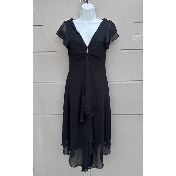 VTG'90s y2k Black Chiffon Draped Cocktail Slinky Midi Dress/Assimetrical Hem 6 - Picture 2 of 15